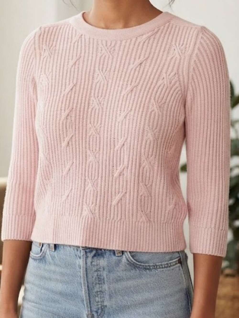 Pink Cable Crewneck Sweater